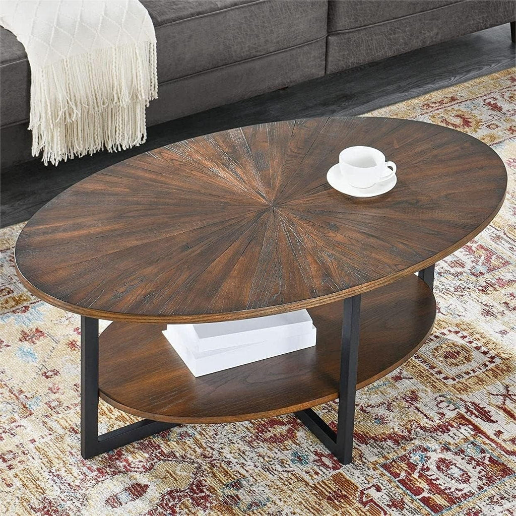 Solid Wood Oval Coffee Table with Cross Metal Legs A791