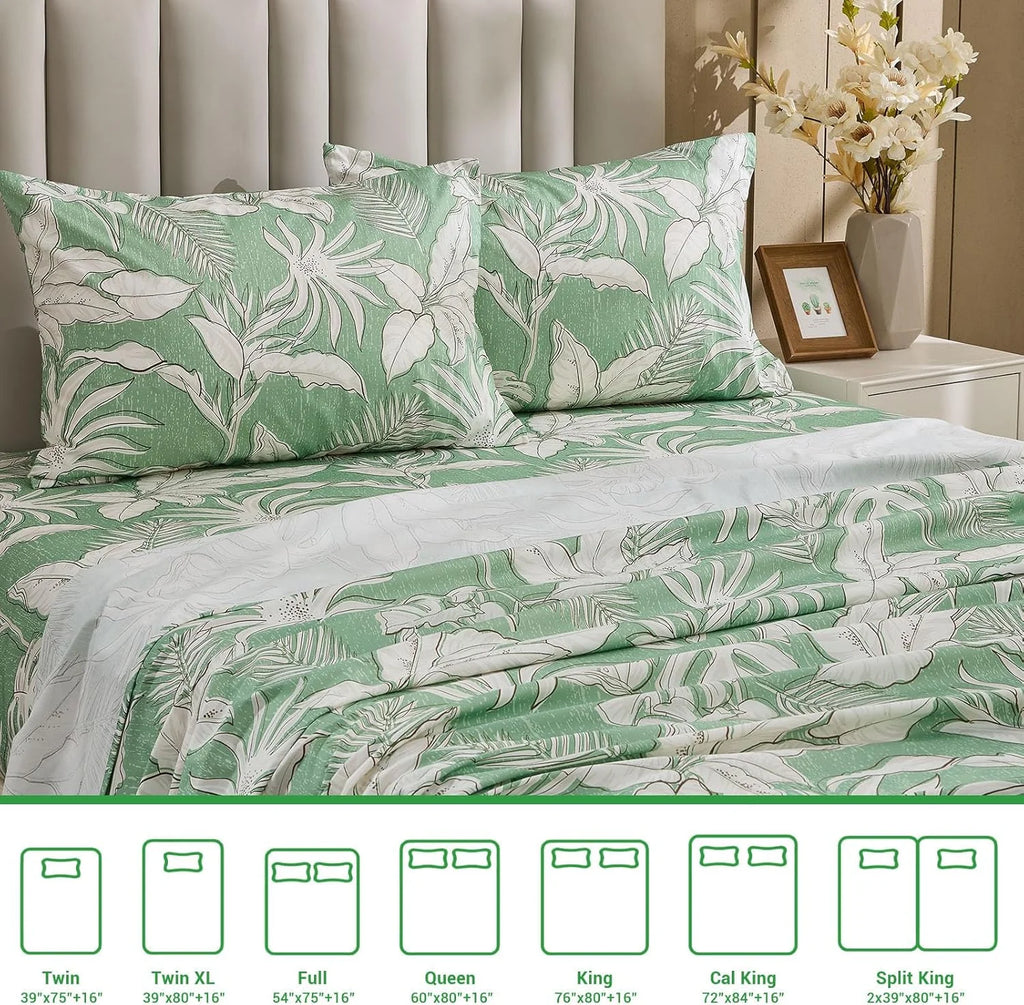 Green Floral Cotton Sheet Set Queen Size 4PC G6774