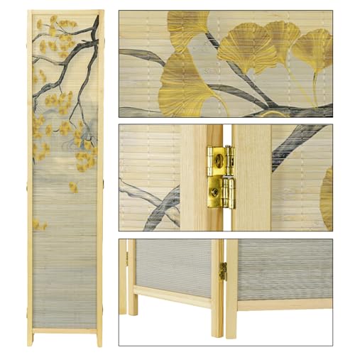 6 Panel Bamboo Room Divider Folding Screen with Beige Solid Wood Frame W9991