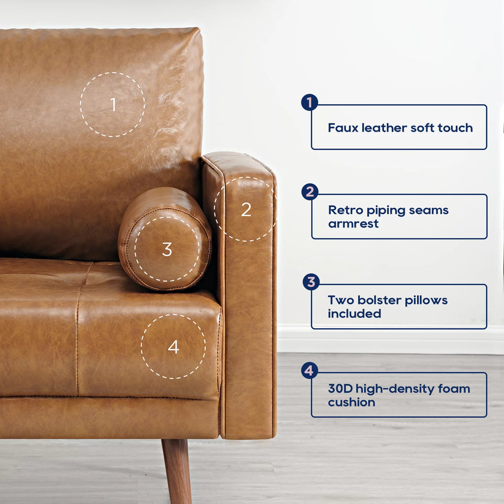 Mid-Century Modern Faux Leather 2-Piece Sofa Set Brown O6021