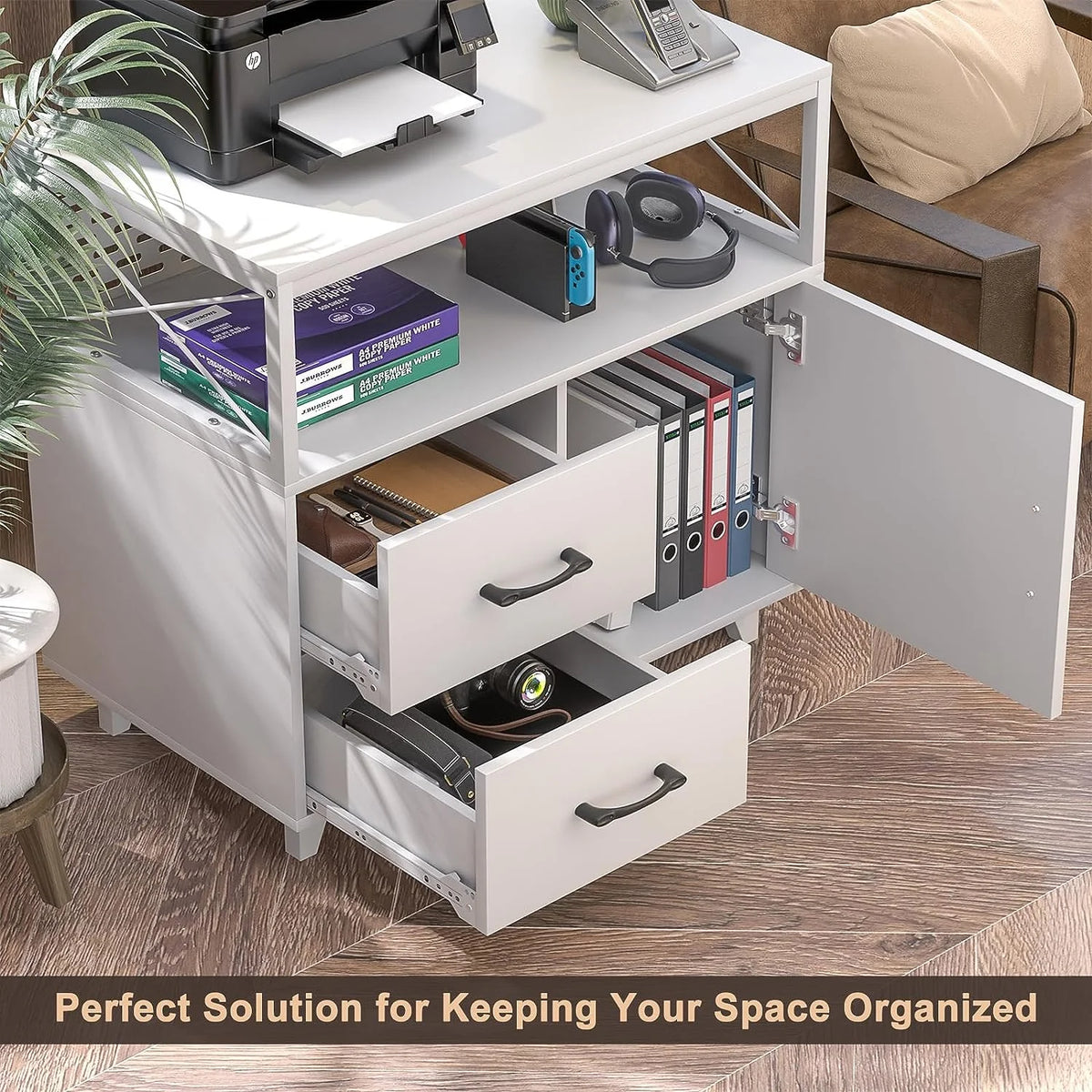 White 55 Inch L Shaped Desk with File Cabinet and Power Outlet Q169