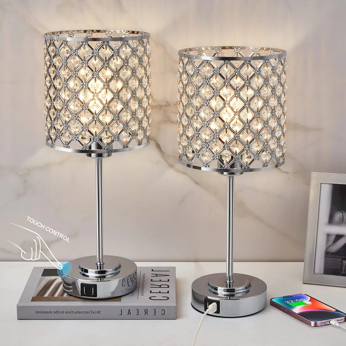 Crystal Table Lamp Set of 2 with 2 USB Charging Ports M23675