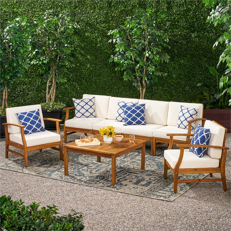 6 Seater Acacia Wood Sofa Set with Cream Cushions G35567
