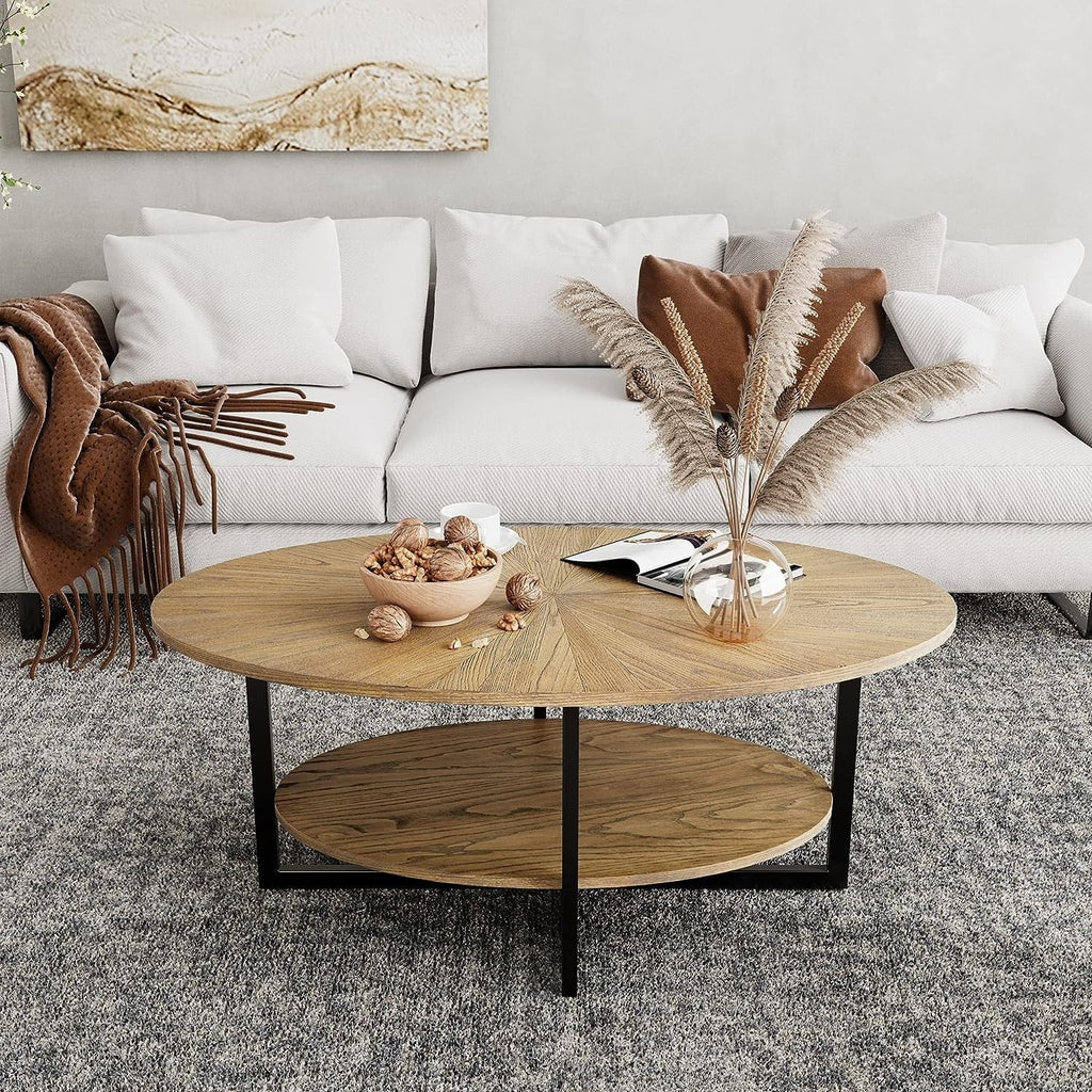 Solid Wood Oval Coffee Table with Cross Metal Legs A791