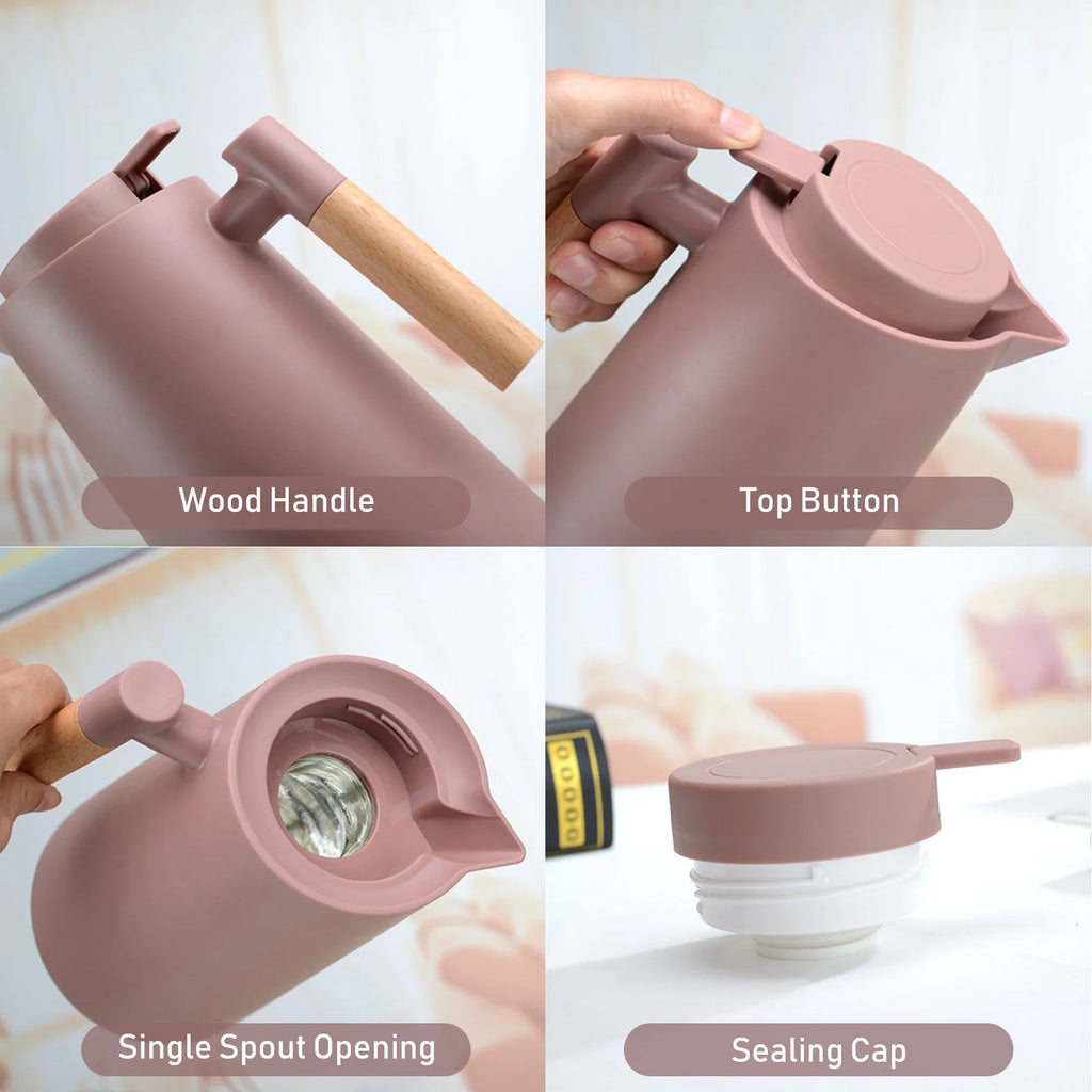 1L Double Walled Thermal Coffee Carafe with Wood Handle E126