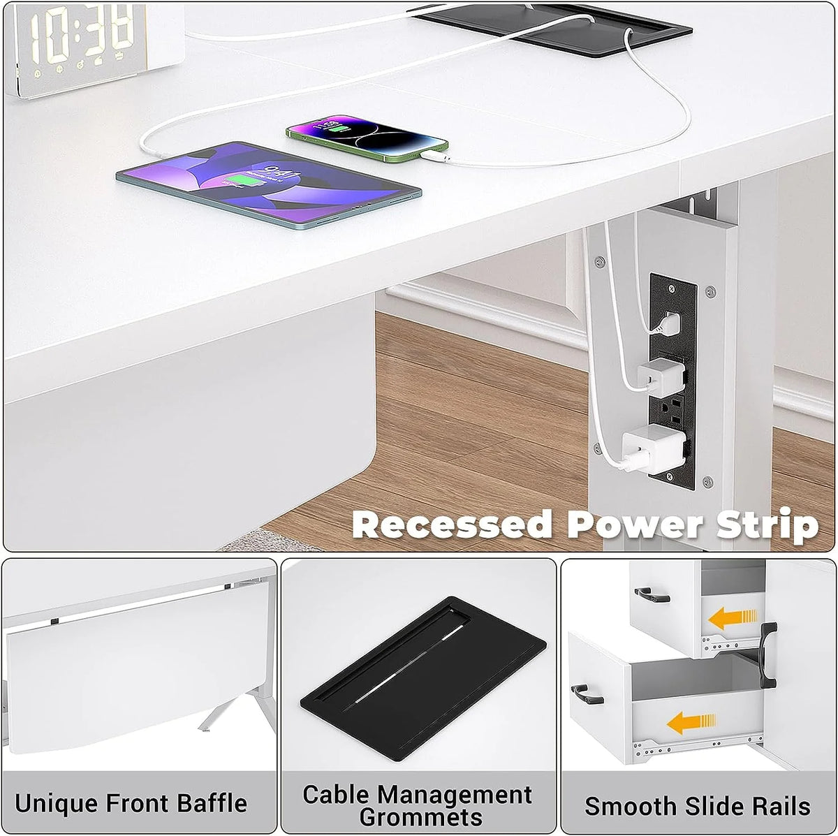 White 55 Inch L Shaped Desk with File Cabinet and Power Outlet Q169