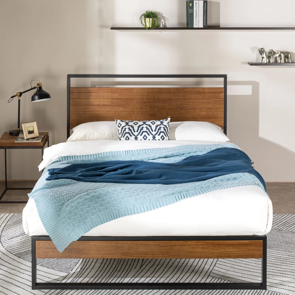 Queen Metal and Wood Platform Bed Frame with Headboard U748517